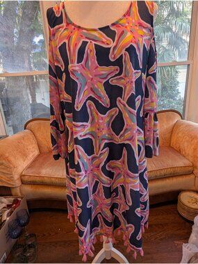 Simply Southern Navy Dress Size XL Pink Starfish Pattern Shoulder Cutouts Summer